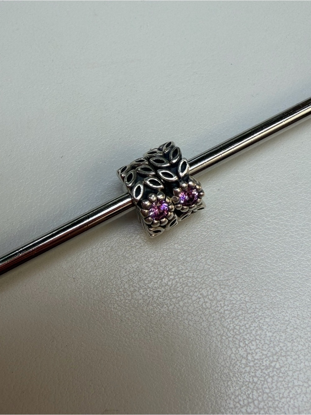Pandora 2x Flower Spacers Sterling Silver Floral Charm Bead with purple gem